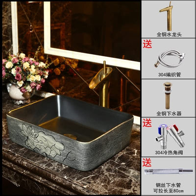 MJWDP Aufsatzbecken Keramik Waschbecken Waschbecken Haushalt Badezimmer Retro New Chinese Black Square Künstlerische Kreativität