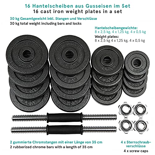 #DoYourFitness professionelles Dumbbell-Set Gusseisen Kurzhantel Hanteln Stangen gerändelt mit Sternverschlüssen 2er Set 30kg, inkl. Koffer