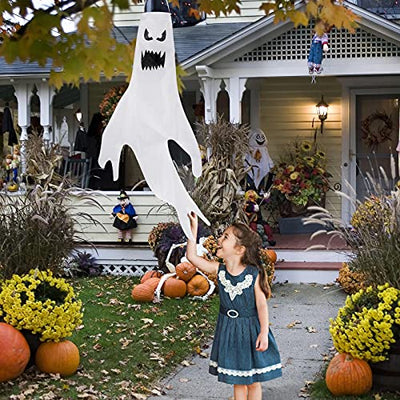 Mokot Halloween Deko Outdoor, 120CM Halloween Geist Dekoration Garten mit Led Lichterkette, Halloween Windsäcke Flagge hängen Ghost für Party Horror - 2 Stück