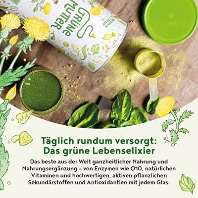 Grüne Mutter - Smoothie Pulver - Das Original Superfood Elixier u.a. mit Weizengras, Brennnessel, Mariendistel, Braunalge, Alfalfa, OPC & weiteren Superfoods - Mit Coenzym Q10 - 600 Gramm Pulver