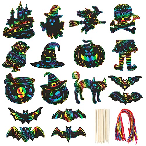 COLOFALLA 51 Stück Halloween Kratzbilder Set Regenbogen DIY Basteln für Kinder Halloween Party Anhänger Deko Mitgebsel mit Holzstäbchen Bänder Bastelset Geschenke für Junge Mädchen