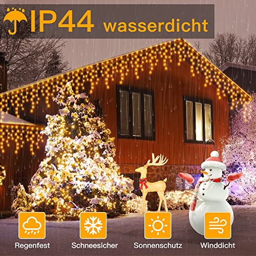 Weihnachtsbeleuchtung Außen, Ollny Eisregen Lichterkette Außen 10m 396LEDs 66Saiten, Lichtervorhang mit Fernbedienung & Timer Strom 8 Modi für Weihnachten, Silvester, Balkon - Lichterkette Warmweiß