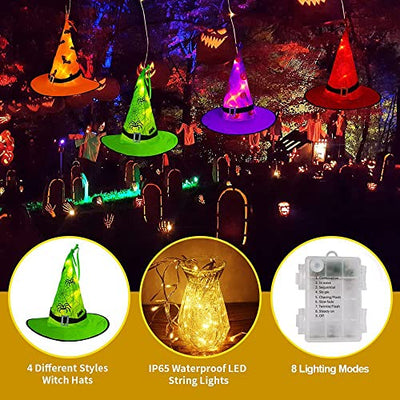 WUJUN Halloween-Dekorationen für den Außenbereich, Hexenhut, Lichter, 8 Stück, hängende beleuchtete, leuchtende Hexenhüte mit 11 m, 104 LEDs, Halloween-Lichterkette (8 Beleuchtungsmodi)